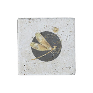 Golden dragonfly in black circle stone magnet