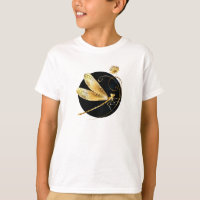 Golden dragonfly in black circle
