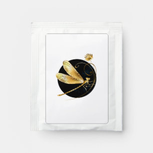 Golden dragonfly in black circle tea bag drink mix