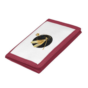 Golden dragonfly in black circle trifold wallet