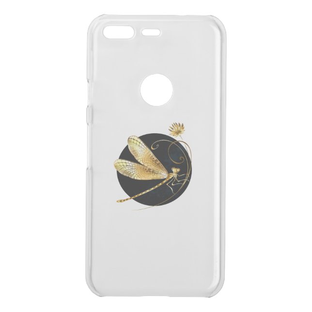 Golden dragonfly in black circle uncommon google pixel case (Back)