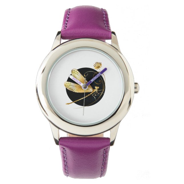 Golden dragonfly in black circle watch (Front)