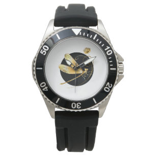 Golden dragonfly in black circle watch