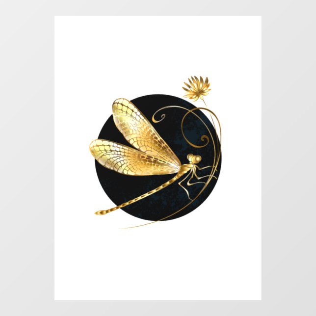 Golden dragonfly in black circle window cling (Sheet)