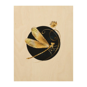 Golden dragonfly in black circle wood wall art