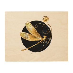 Golden dragonfly in black circle wood wall art