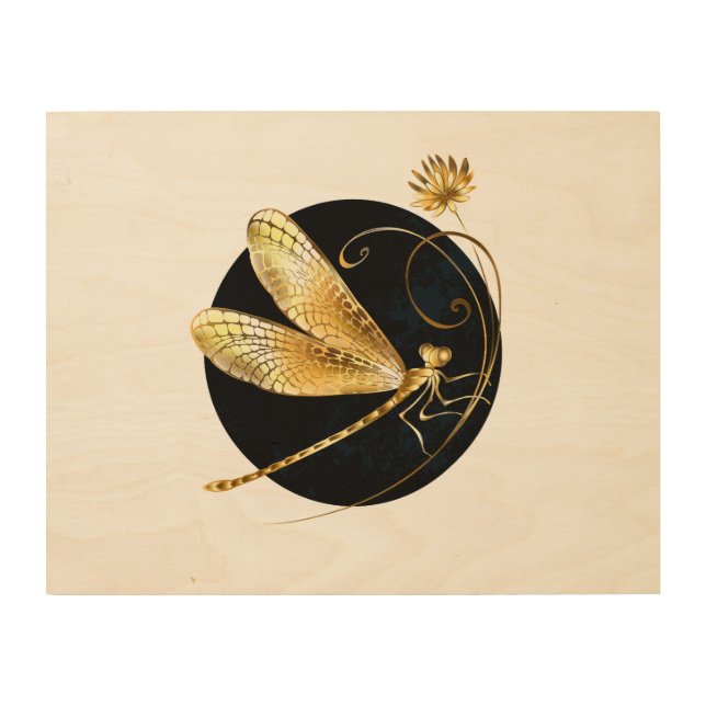 Golden dragonfly in black circle wood wall art (Front)