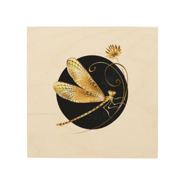 Golden dragonfly in black circle wood wall art (Front)