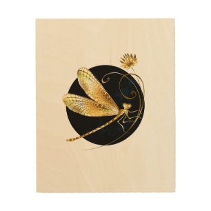 Golden dragonfly in black circle wood wall art