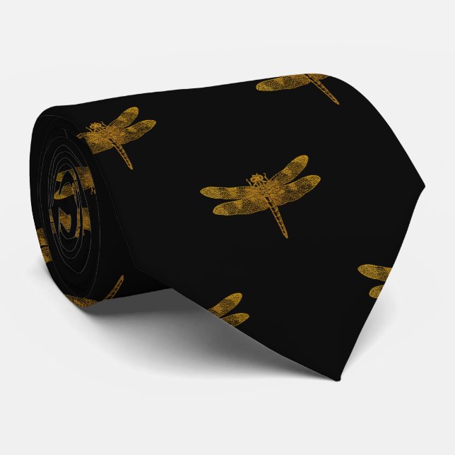 Golden Dragonfly Repeat Gold Metallic Foil Neck Tie (Rolled)