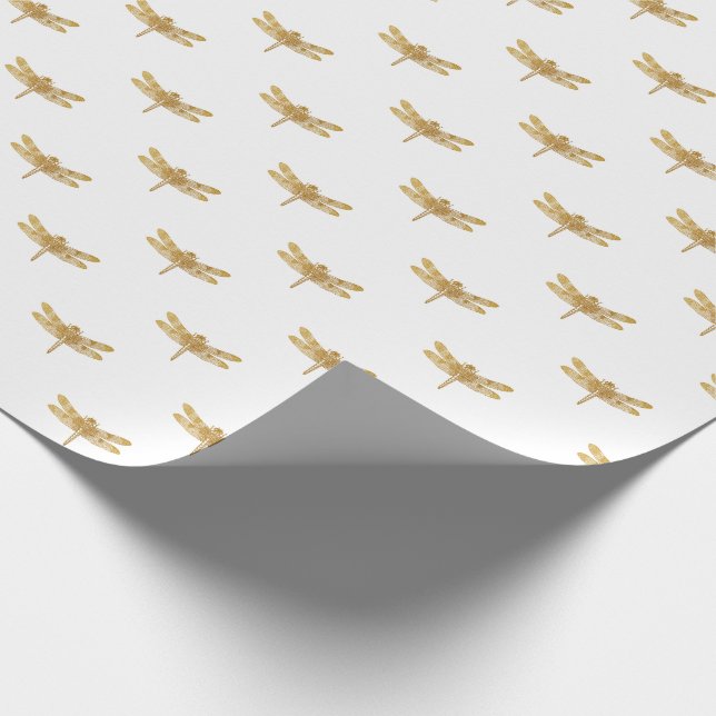 Golden Dragonfly Repeat Gold Metallic Foil Wrapping Paper (Corner)
