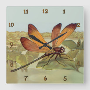 Golden Dragonfly Square Wall Clock