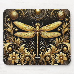 Golden Dragonfly Surrounded by Ornate Floral Mouse Pad