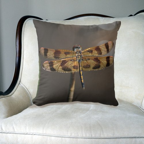 Golden Dragonfly Taupe Brown Throw Pillow
