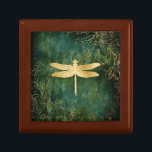 Golden Dragonfly Wooden Jewellery Box<br><div class="desc">This beautiful ceramic tile features a golden dragonfly on a emerald green vintage grunge background.</div>