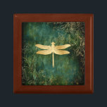 Golden Dragonfly Wooden Jewellery Box<br><div class="desc">This beautiful ceramic tile features a golden dragonfly on a emerald green vintage grunge background.</div>