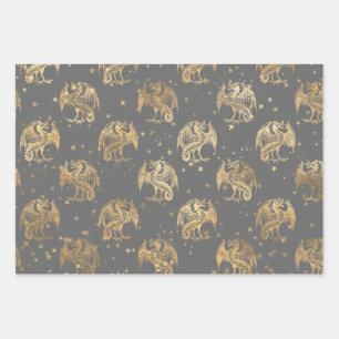 Golden Dragons and Stars Wrapping Paper Sheets