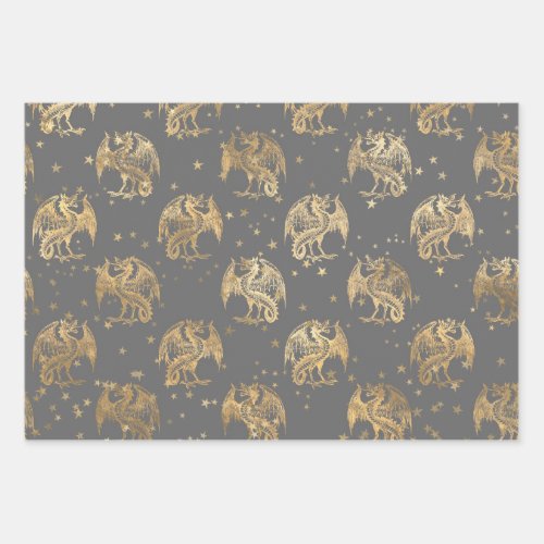 Golden Dragons and Stars Wrapping Paper Sheets