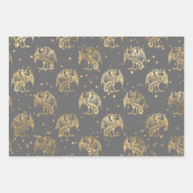 Golden Dragons and Stars Wrapping Paper Sheets (Front)