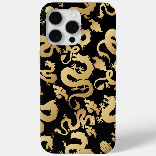 Golden Dragons Pattern Black BG iPhone 15 Pro Max Case