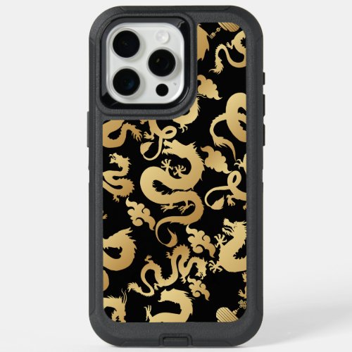 Golden Dragons Pattern Black BG iPhone 15 Pro Max Case