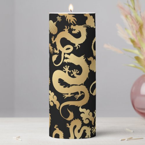 Golden Dragons Pattern Black BG Pillar Candle