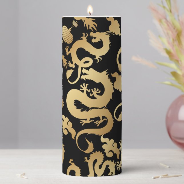 Golden Dragons Pattern Black BG Pillar Candle (In Situ)