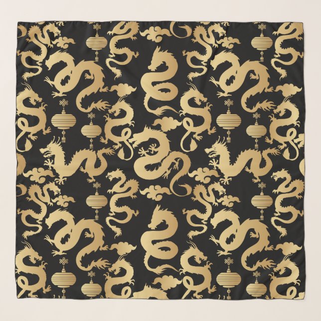 Golden Dragons Pattern Black BG Scarf (Front)