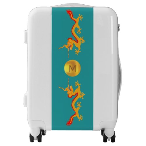 Golden Dragons with Golden Ball on Teal Luggage