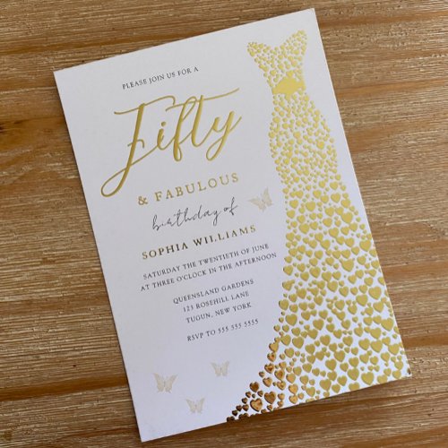 Golden Dress Fifty  Fabulous 50th Birthday Party Foil Invitation