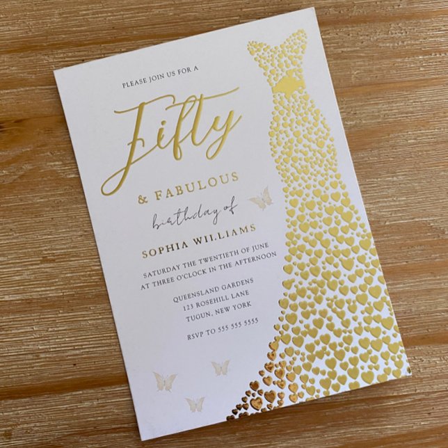Golden Dress Fifty & Fabulous 50th Birthday Party Foil Invitation (Creator Uploaded)