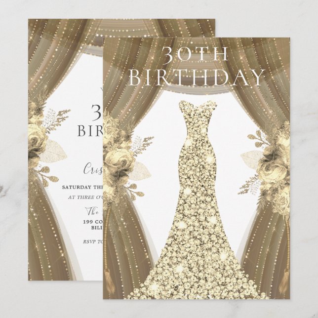 Golden Dress Flowers Elegant 30th Birthday Party Invitation (Front/Back)