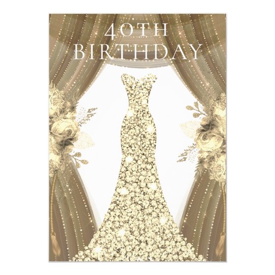 Golden Dress Flowers Elegant 40th Birthday Party Invitation