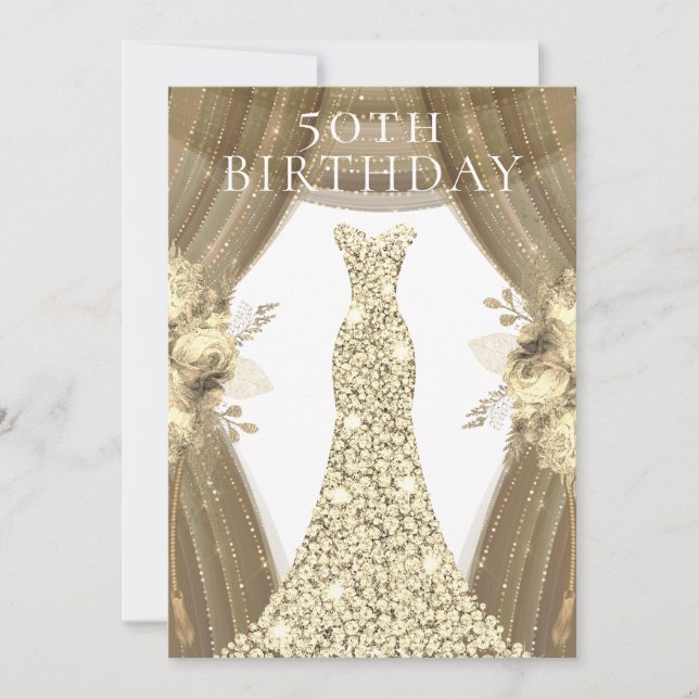Golden Dress Flowers Elegant 50th Birthday Party Invitation (Front)