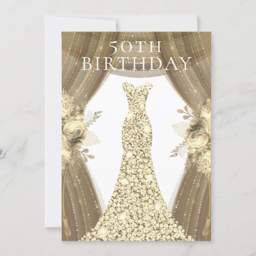 Golden Dress Flowers Elegant 50th Birthday Party Invitation