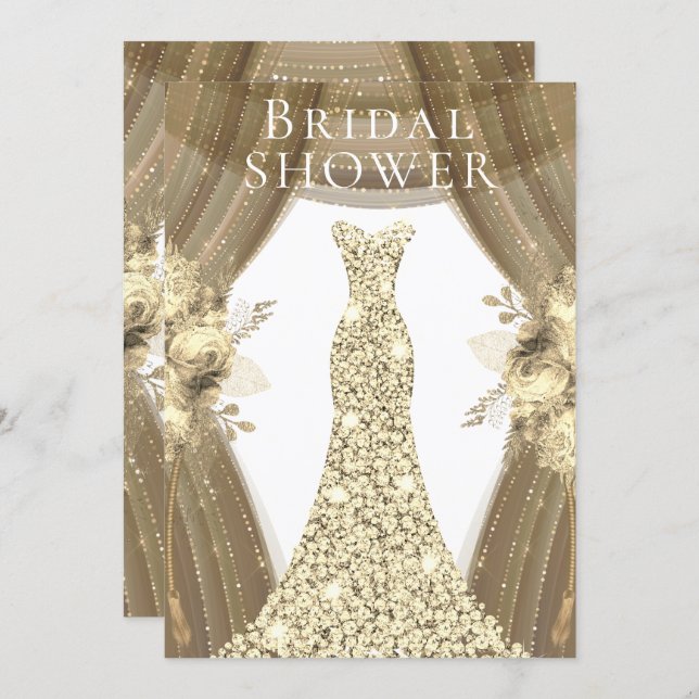 Golden Dress & Flowers Elegant Bridal Shower Invitation (Front/Back)
