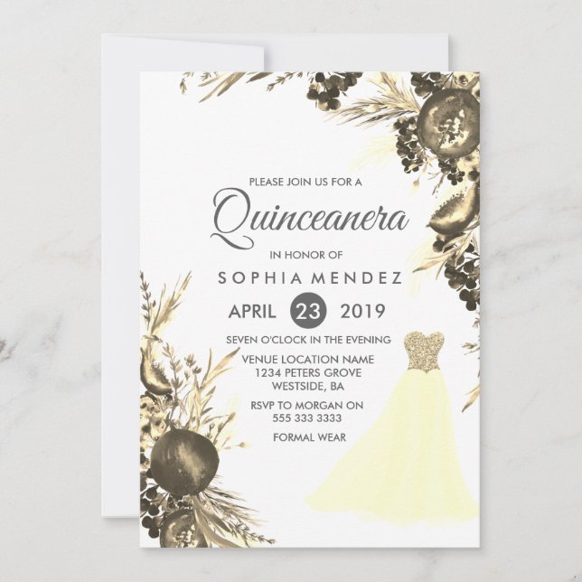 Golden Dress Gown Floral Quinceanera invite (Front)