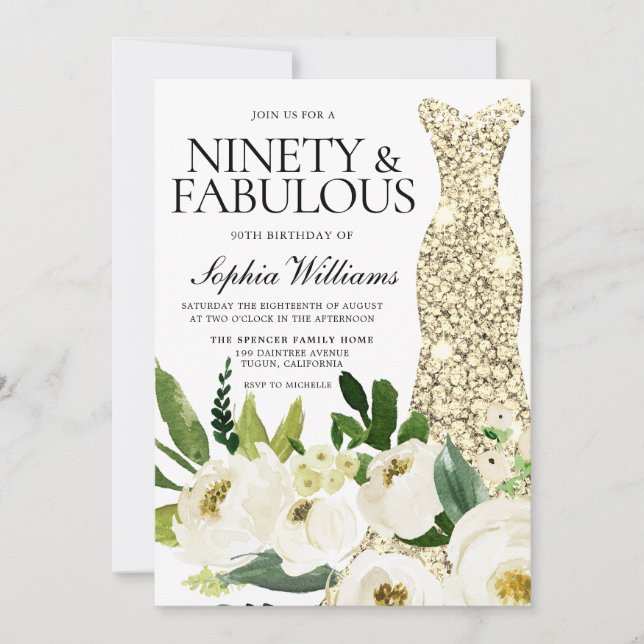 Golden Dress Ninety & Fabulous 90th Birthday Invitation (Front)