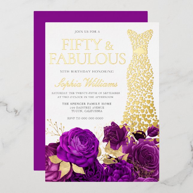 Golden Dress Purple Floral 50th Birthday Party Foil Invitation (Front/Back)