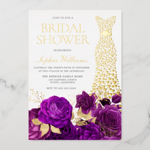 Golden Dress Purple Floral Bridal Shower Gold Foil Invitation