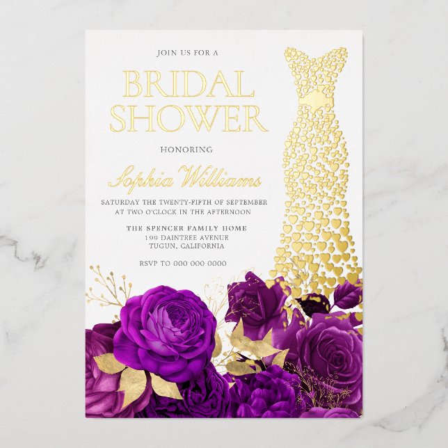 Golden Dress Purple Floral Bridal Shower Gold Foil Invitation (Front)