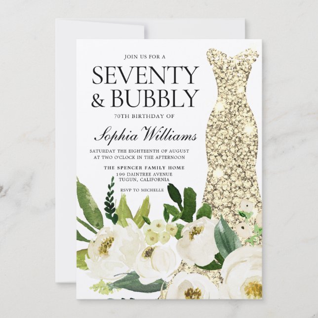 Golden Dress Seventy & Bubbly 70th Birthday Party Invitation (Front)