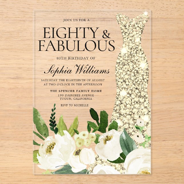 Golden Dress White Floral 80th Birthday Acrylic Invitations (Front)