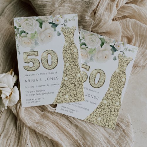 Golden Dress White Floral Roses 50th Birthday Invitation