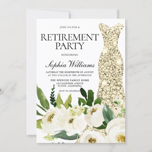 Golden Dress White Flowers Retirement Party Invitation