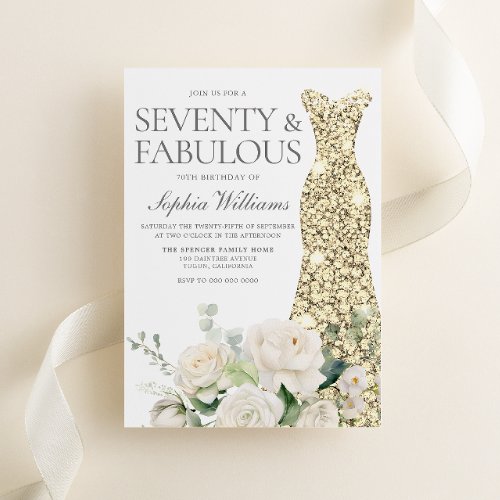 Golden Dress White Roses 70th Birthday Party Invitation