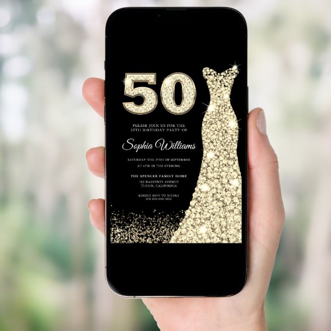 Golden Dress Womans 50th Birthday Party Black Invitation (Front Digital)
