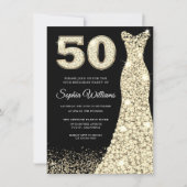 Golden Dress Womans 50th Birthday Party Black Invitation (Front)