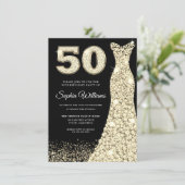 Golden Dress Womans 50th Birthday Party Black Invitation (Standing Front)