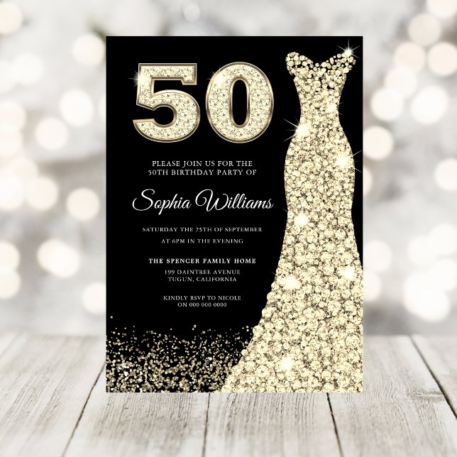 Golden Dress Womans 50th Birthday Party Black Invitation